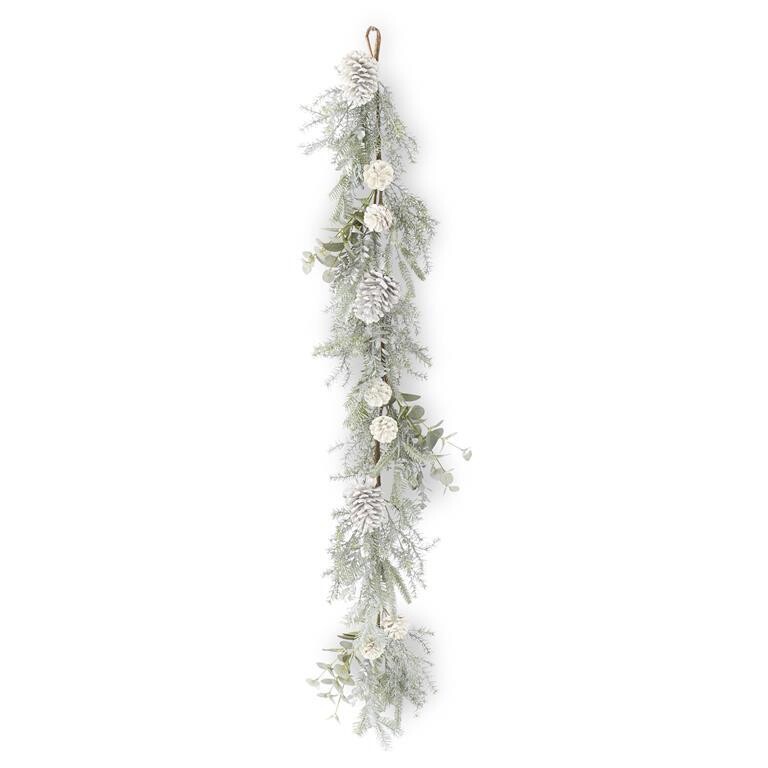 58 inch Silver Glittered Mixed Pine Eucalyptus Garland w/Pinecones