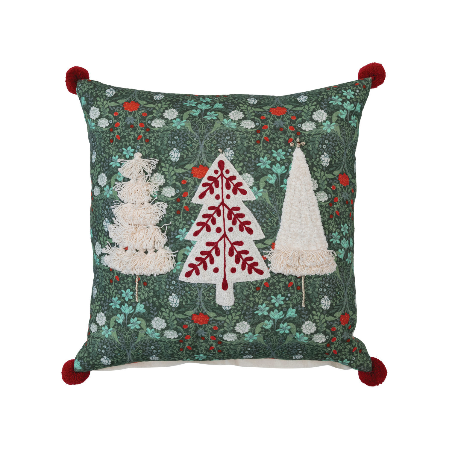 18" Pillow w/ Trees, Applique, Embroidery & Pom Pom Tassels