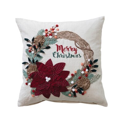 18" Pillow w/ Wreath, Applique & Embroidery "Merry Christmas"