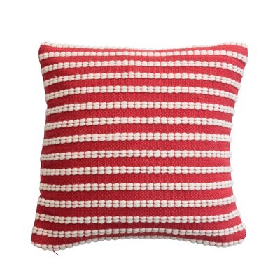 18" Woven Cotton & Wool Striped Pillow, Red & White