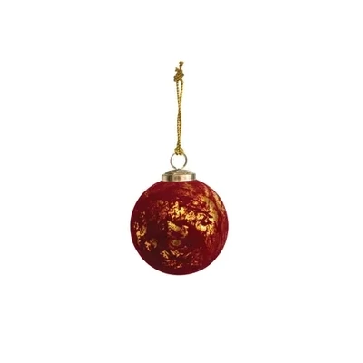 4" Round Flocked Glass Ball Ornament, Red & Gold Finish