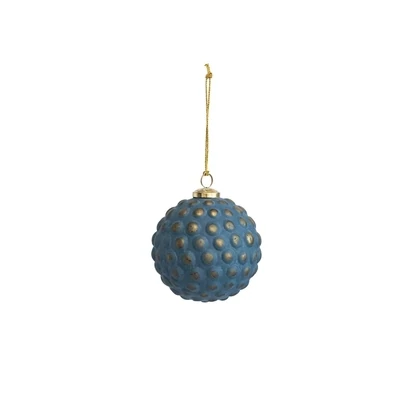 5" Round Glass Hobnail Ball Ornament, Distressed Navy & Gold Finish