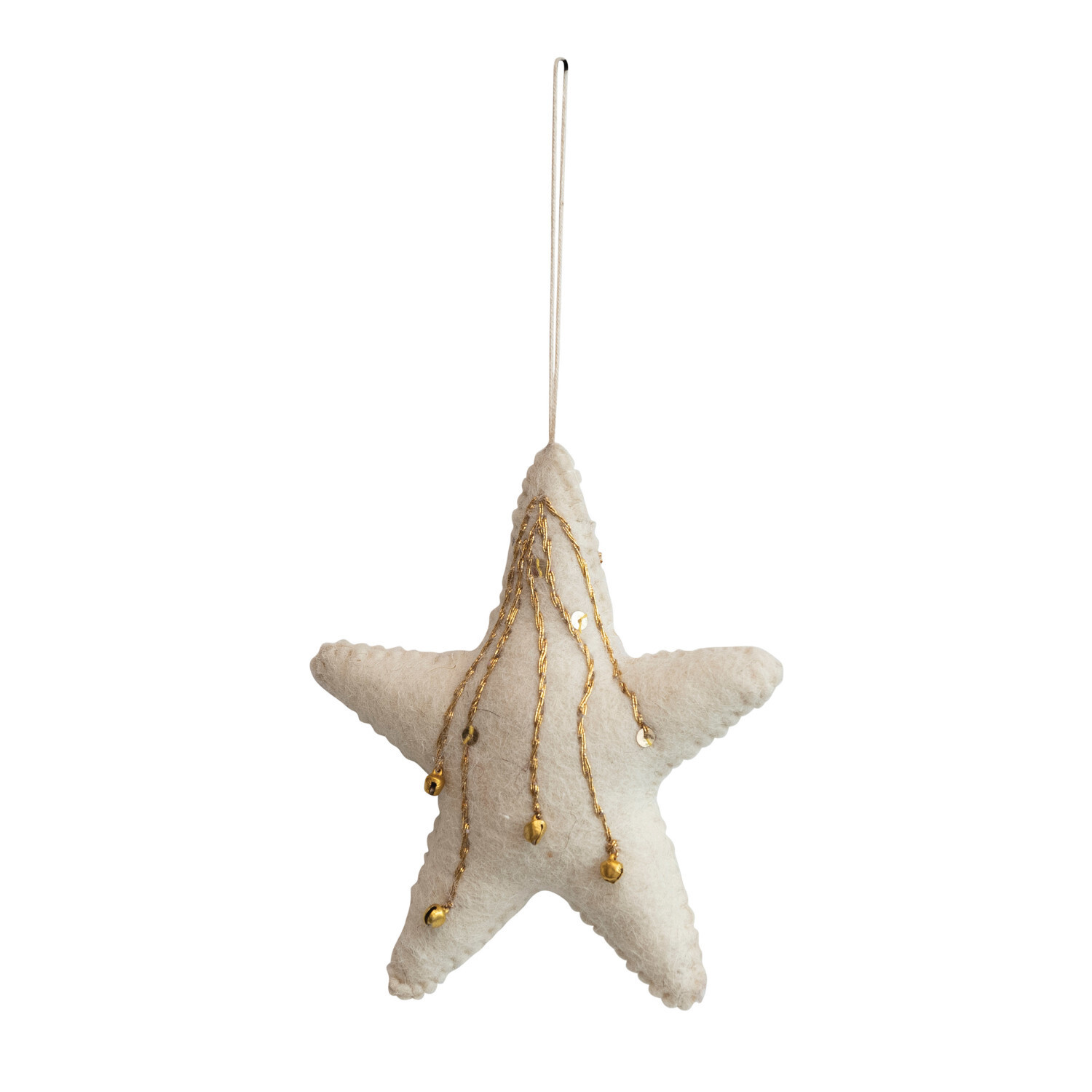 6"H Handmade Acrylic & Wool Felt Star Ornament w/ Embroidery & Bells