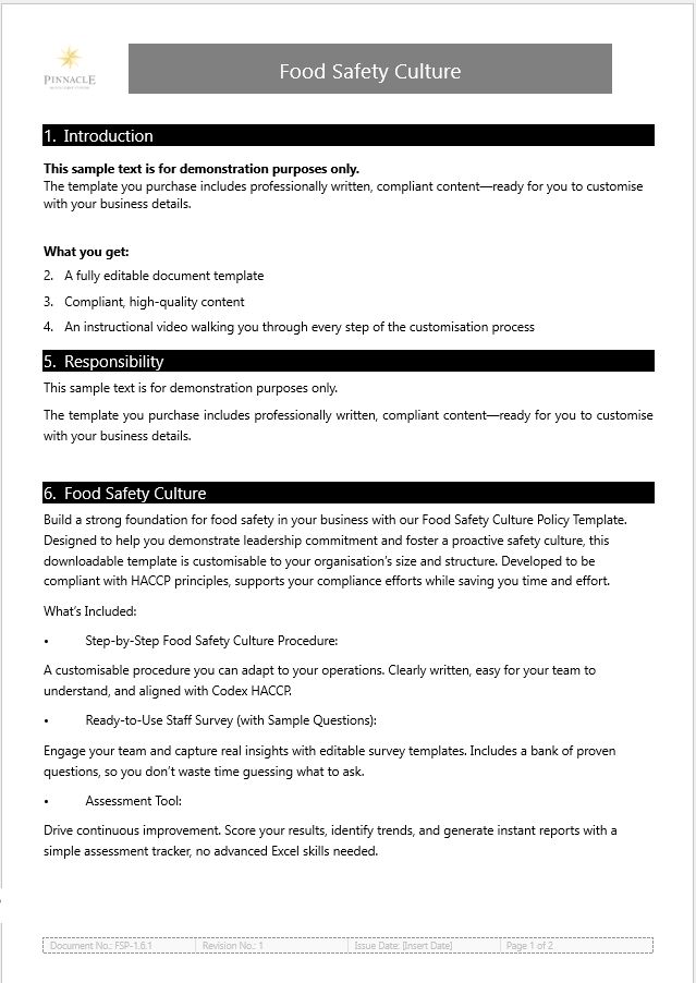 Food Safety Culture Procedure, Survey and Assessment Tool