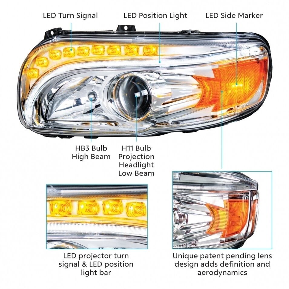 United Pacific Chrome Projection Headlight w/ Amber LED Turn