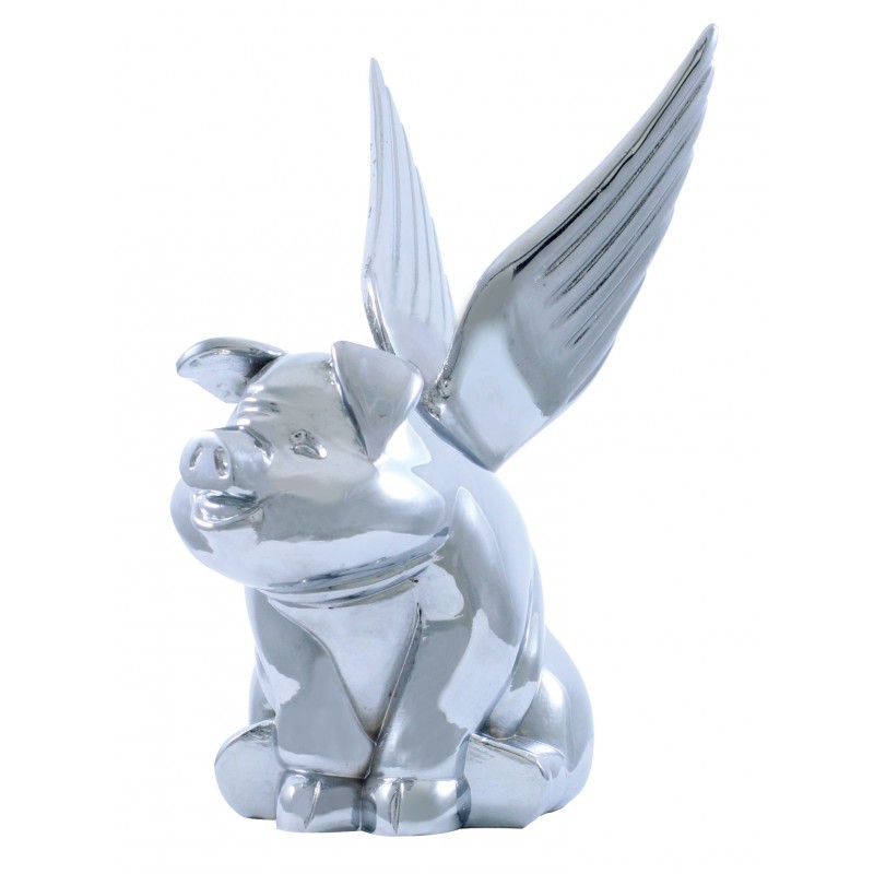 Chrome Sitting Pig with Wings Hood Ornament