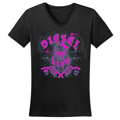 Diesel Life Women's Distressed Splatter V-Neck - Black with Pink Imprint