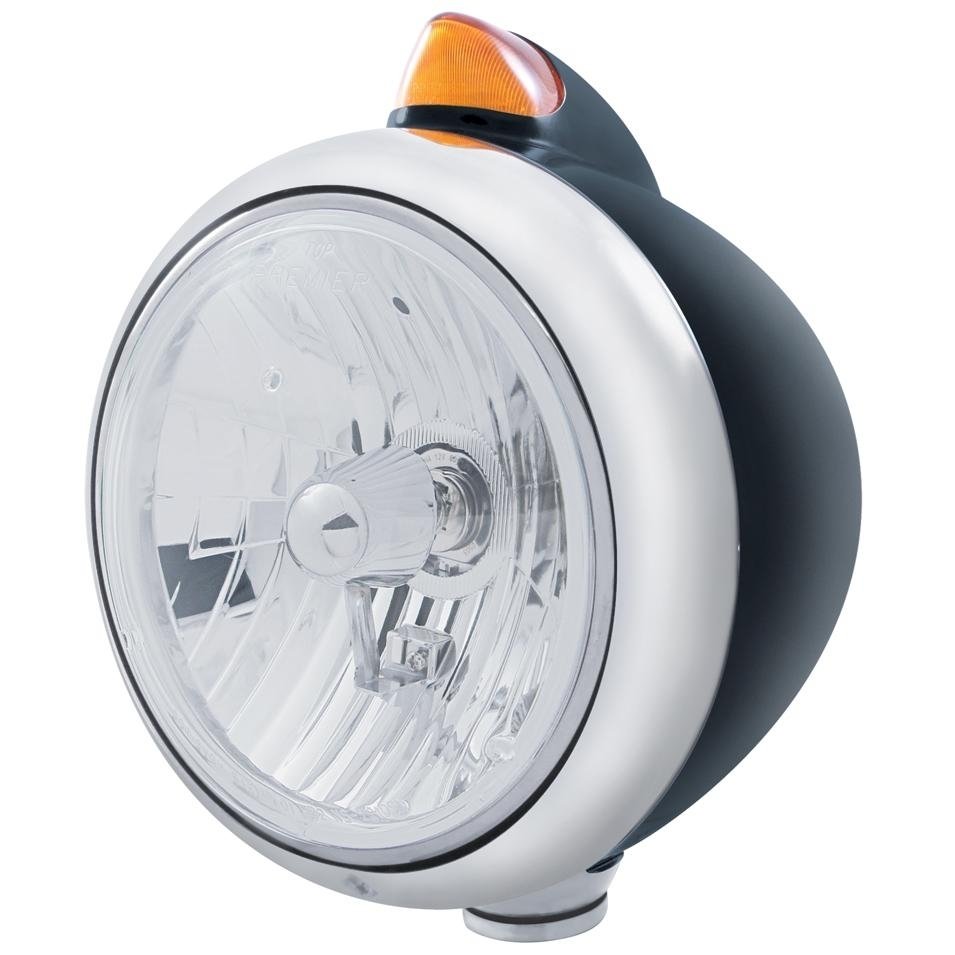 Black Guide Headlight Crystal H4 Bulb and Dual Turn Signal - Amber LED/Amber Lens