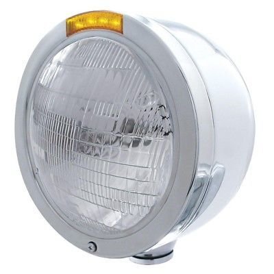 Stainless Steel Bullet Half-Moon Headlight w/ 6014 Sealed Bulb and Amber LED Turn Signal with Amber Lens
