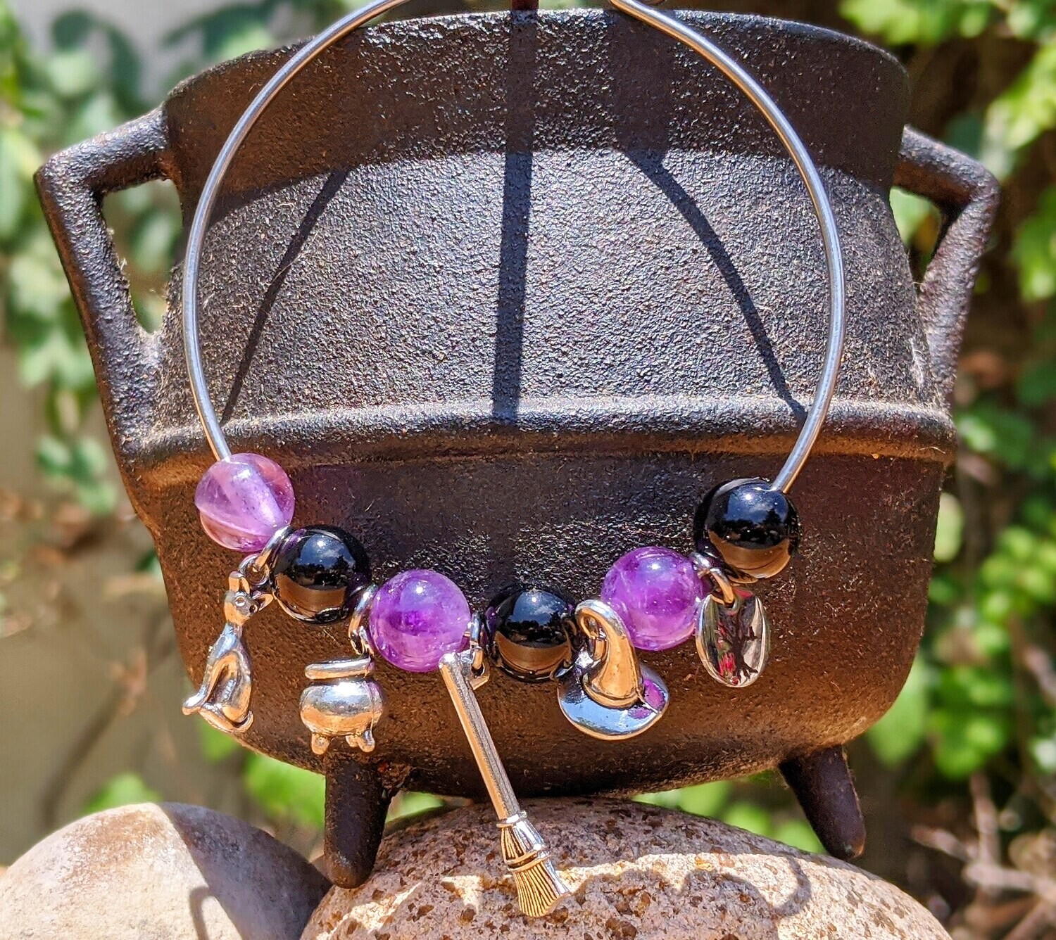 Spellbound Stainless Steel Witch Charm Bracelet with Purple Amethyst and Black Agate Beads