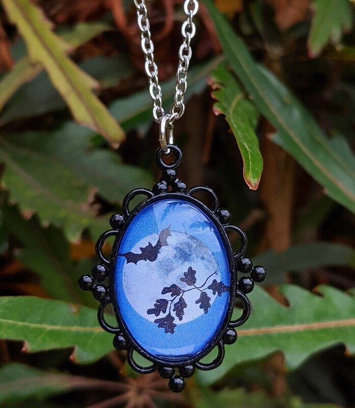 Eerie Evening Full Moon Bat Pendant Necklace
