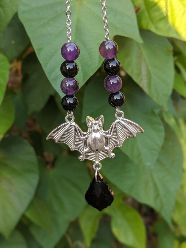 Bat Necklace with Onyx and Purple Amethyst Gemstone Beads