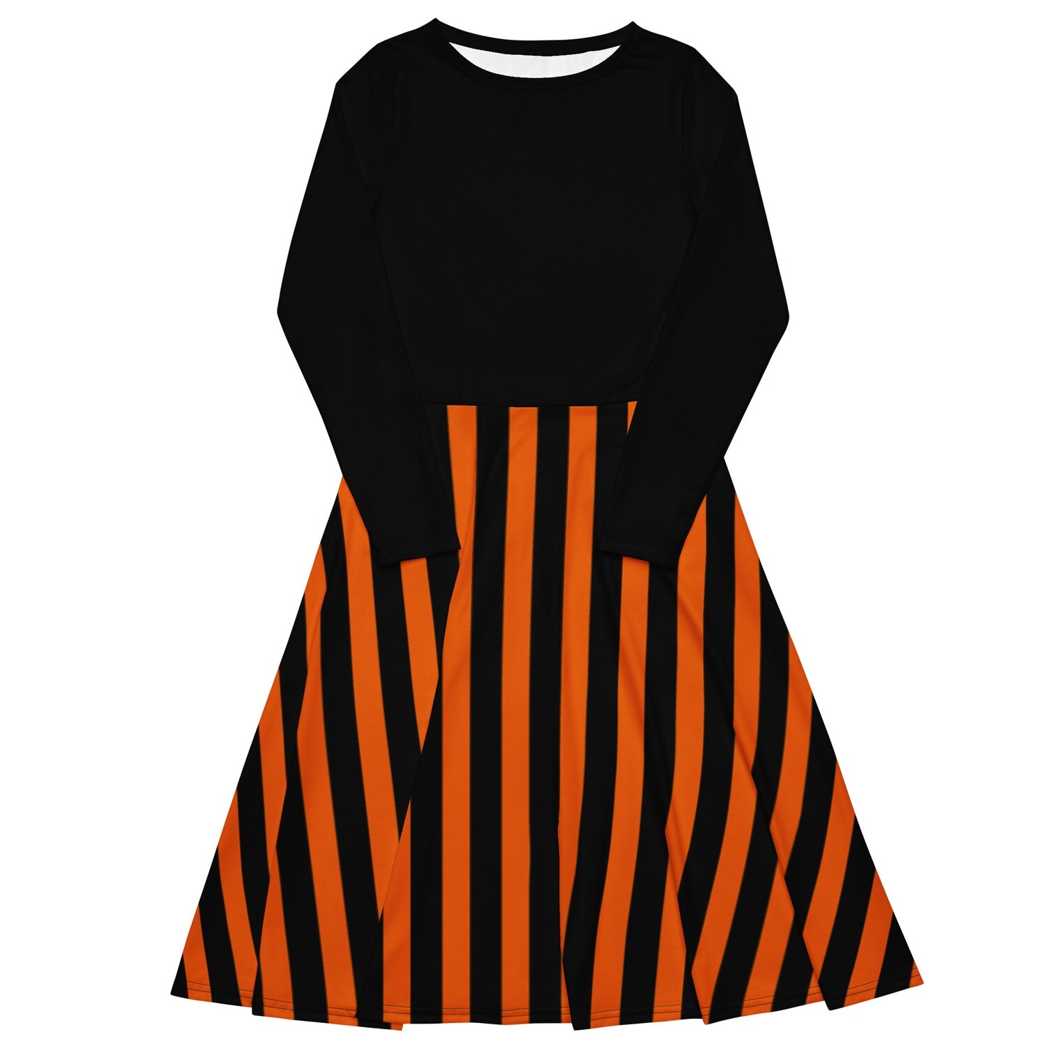 Orange and Black Striped Long-Sleeved Midi Dress, Size: 2XS