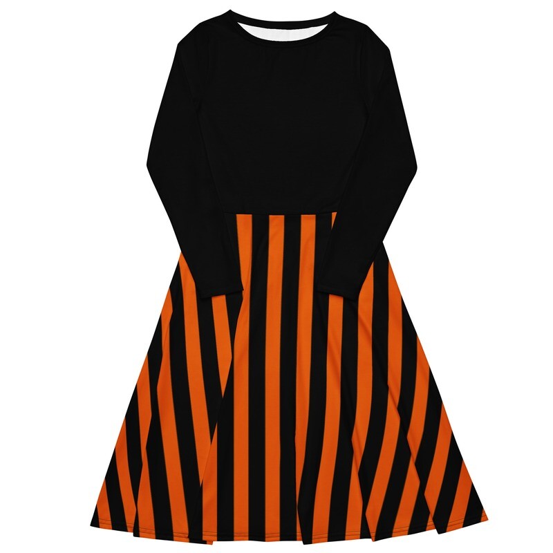 Orange and Black Striped Long-Sleeved Midi Dress