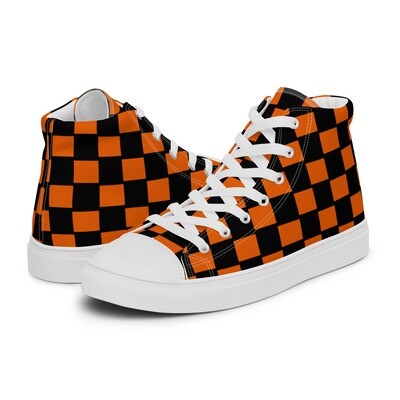 Orange and Black Checkered Men’s high top canvas shoes
