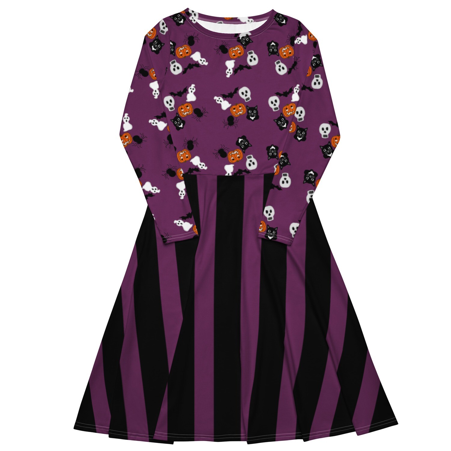 Vintage Halloween Characters Long-Sleeved Midi Dress, Size: 2XS