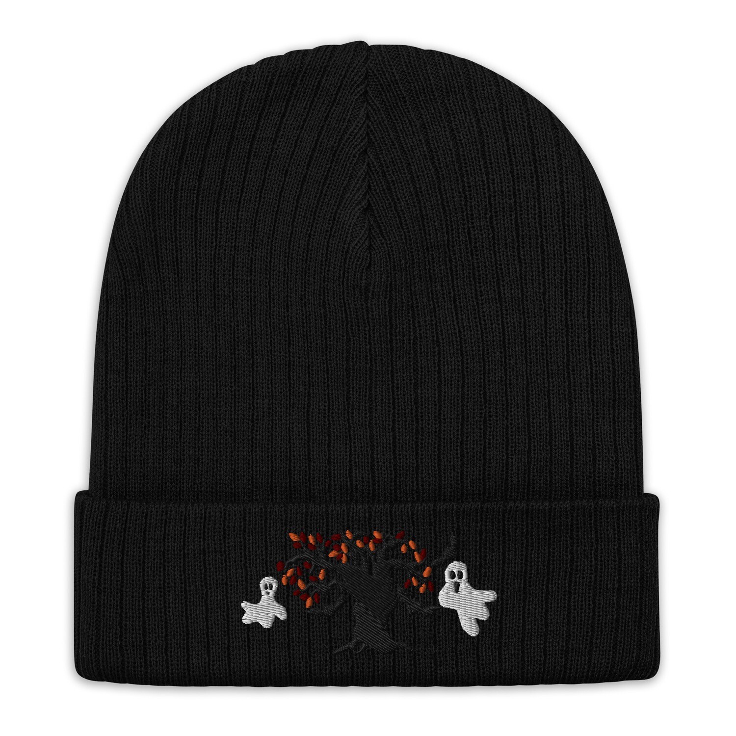 Spooky Tree Ribbed Knit Beanie, Color: Black