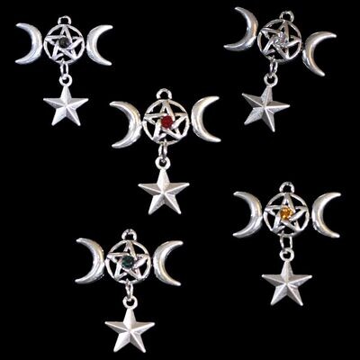 Triple Moon Goddess Symbol Necklace with Pentacle Charm and Dangling Star Pendant