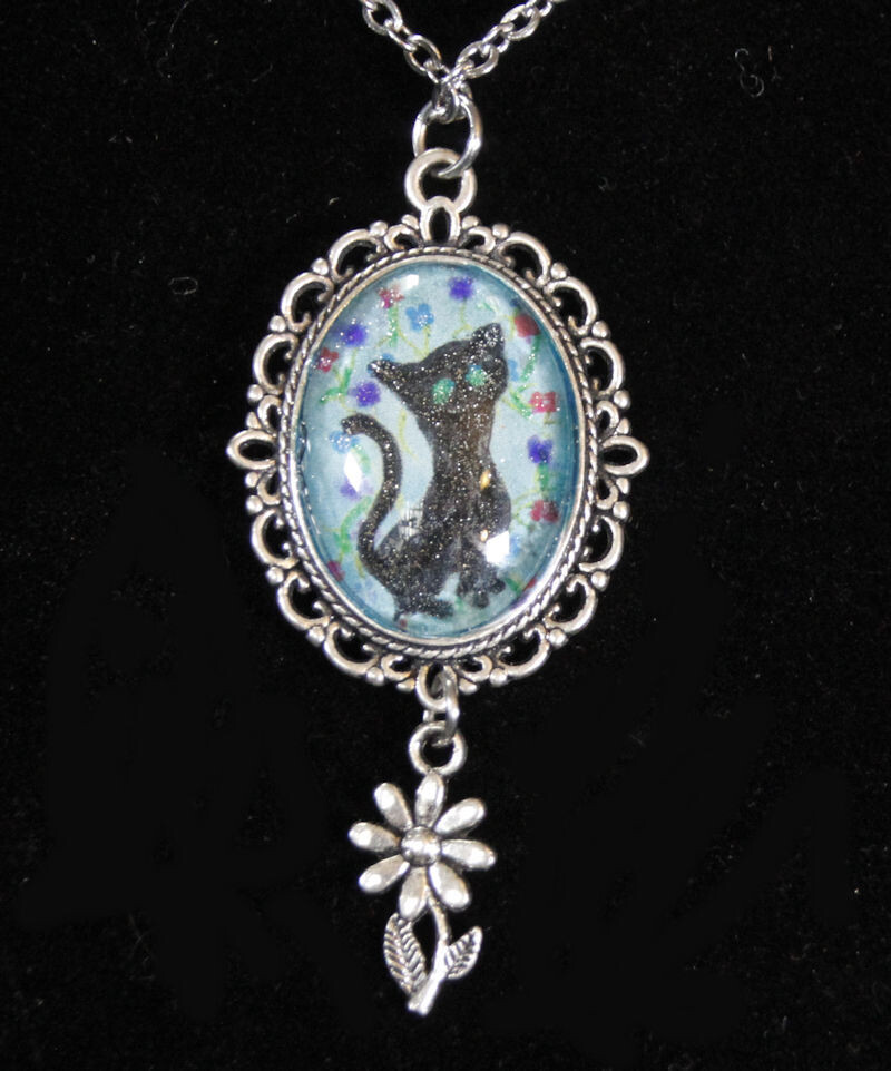 Mystical Black Cat Necklace with Dangling Flower Charm