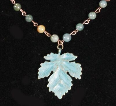 Green Maple Leaf Necklace with Indian Agate Beads and Brass Chain