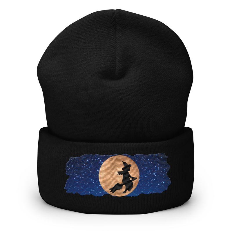 Witch Flying Across The Moon Cuffed Beanie