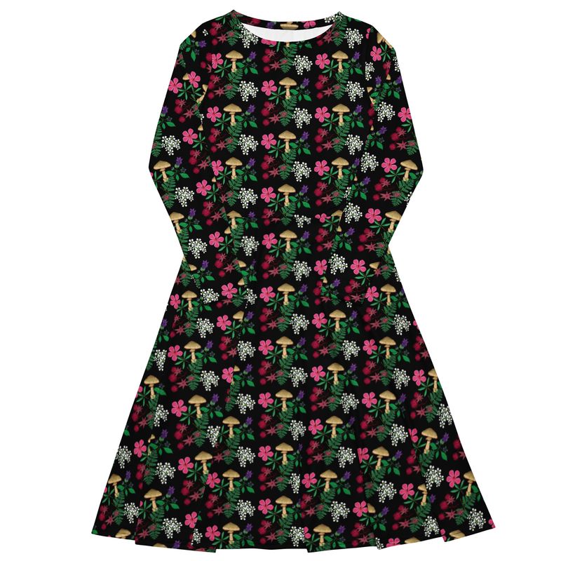Poison Garden Witchy Botanical Print Long Sleeve Midi Dress