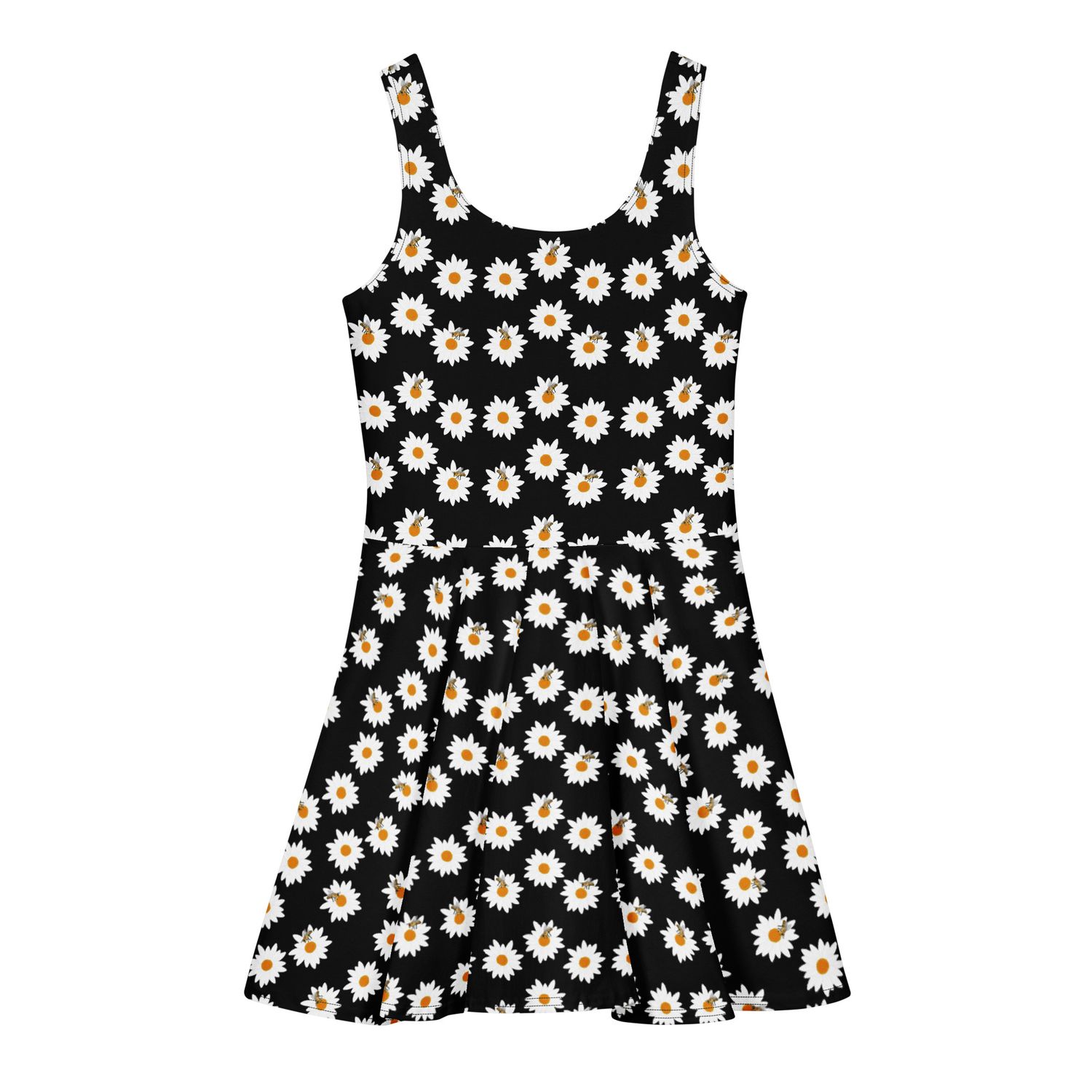 Midnight Daisies and Bees Cotton Skater Dress