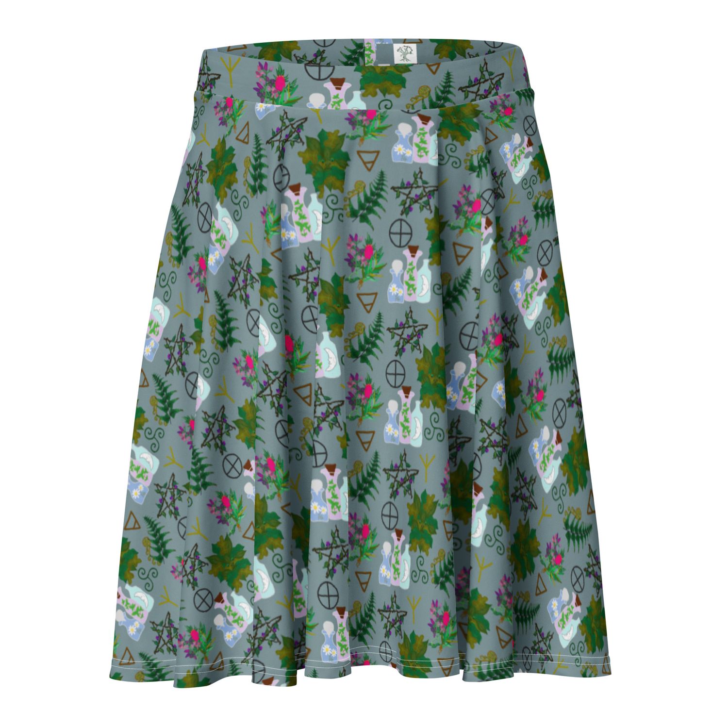Green Witch Skater Skirt – Whimsigoth Fern & Plant Witch Apothecary Pattern with Algiz Rune, Triskele, and Herbology Bundles – Botanical Pagan Ritual Wear