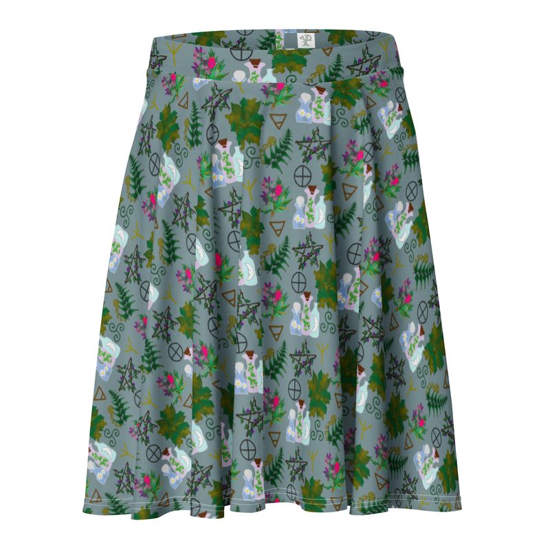 Green Witch Skater Skirt – Whimsigoth Fern & Plant Witch Apothecary Pattern with Algiz Rune, Triskele, and Herbology Bundles – Botanical Pagan Ritual Wear