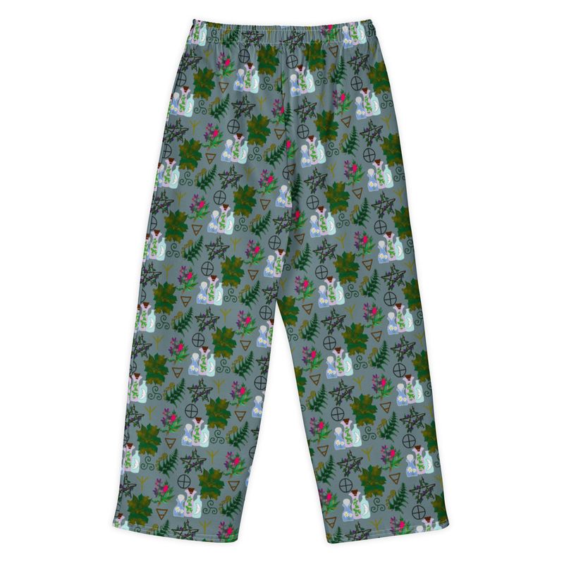 Green Witch Botanical Apothecary Print Cotton Wide-Leg Pants