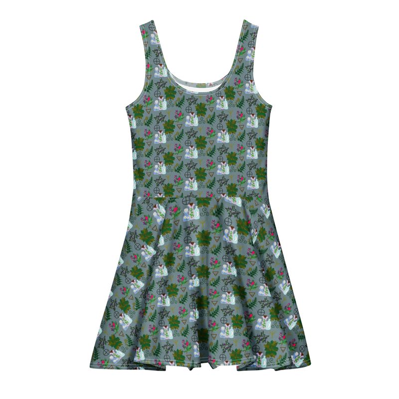 Green Witch Botanical Pattern Cotton Skater Dress