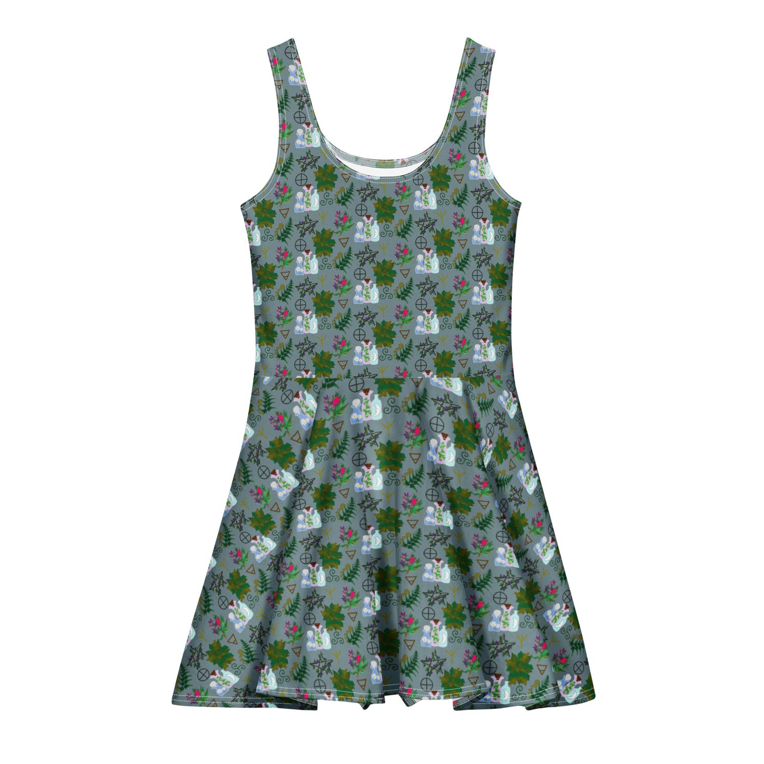 Green Witch Botanical Pattern Cotton Skater Dress