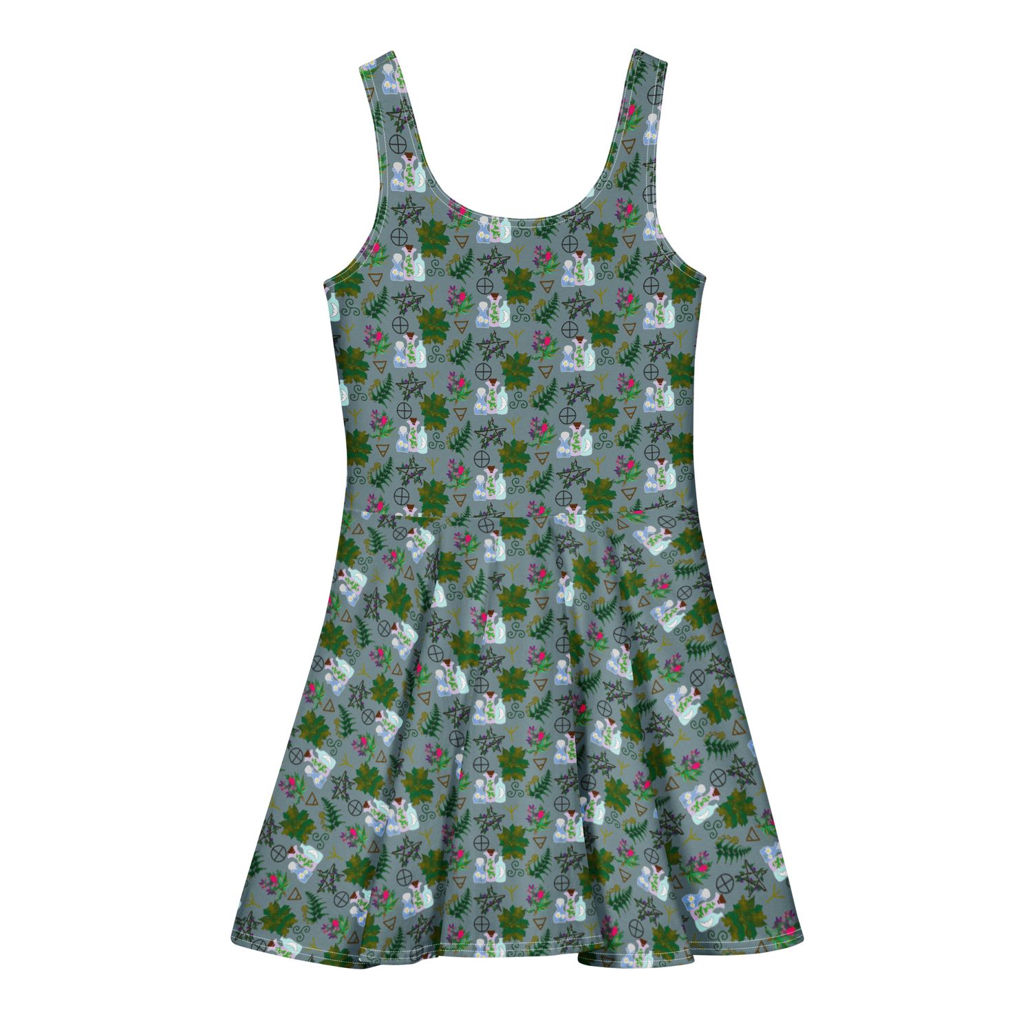Green Witch Botanical Pattern Cotton Skater Dress
