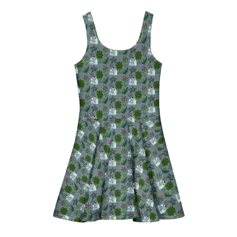 Green Witch Botanical Pattern Cotton Skater Dress