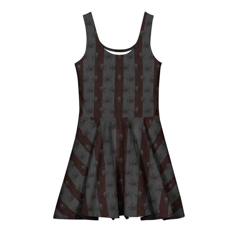 Eerie Elegant Spiders and Stripes Gothic Cotton Skater Dress