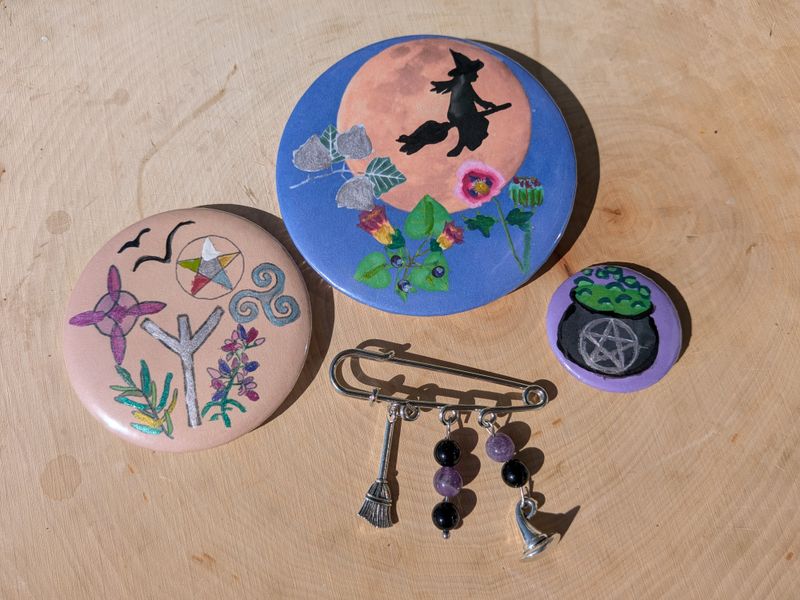 Magical Witchcraft Symbols Hand Painted Pin Set with Real Crystals and Charms