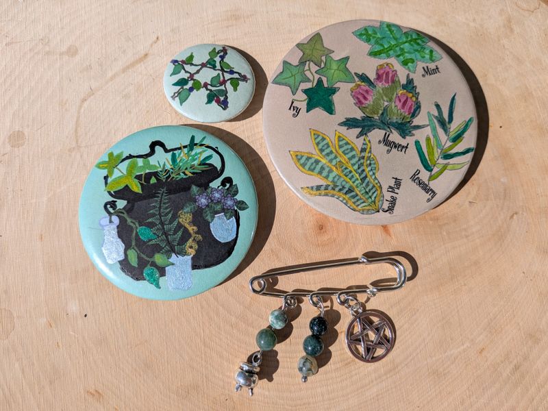 Green Witch Botanical Pin Set with Real Crystals and Hand-Painted Details