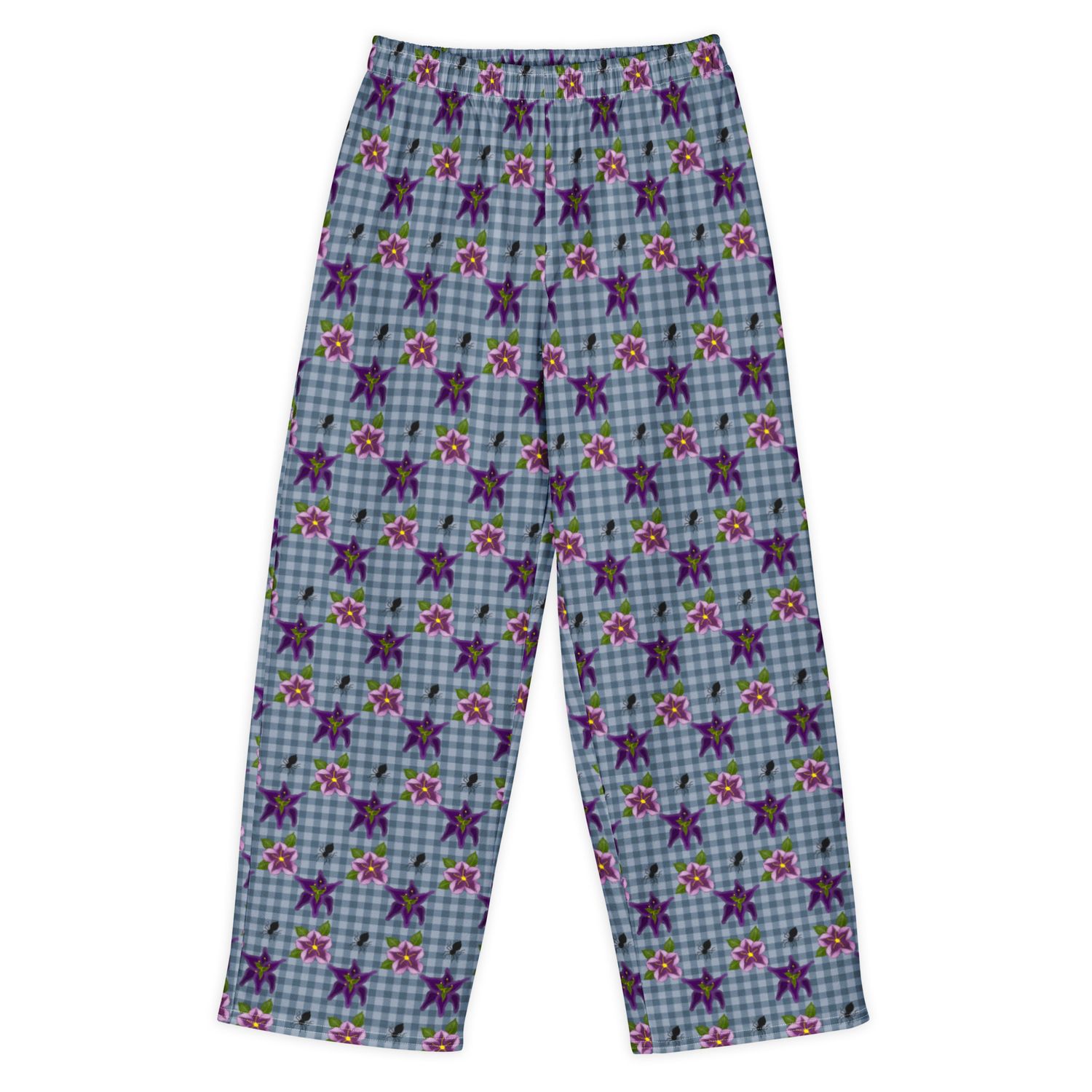 Spooky Gingham Floral and Spiders Gothic Cotton Wide Leg Pants Spooky Gingham Floral and Spiders Gothic Cotton Wide Leg Pants