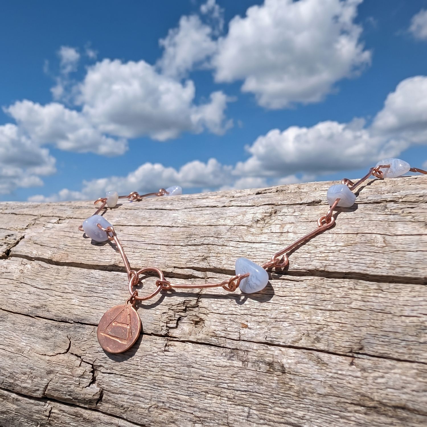 Air Elemental Necklace with Copper and Blue Lace Agate and Rustic Hand Etching