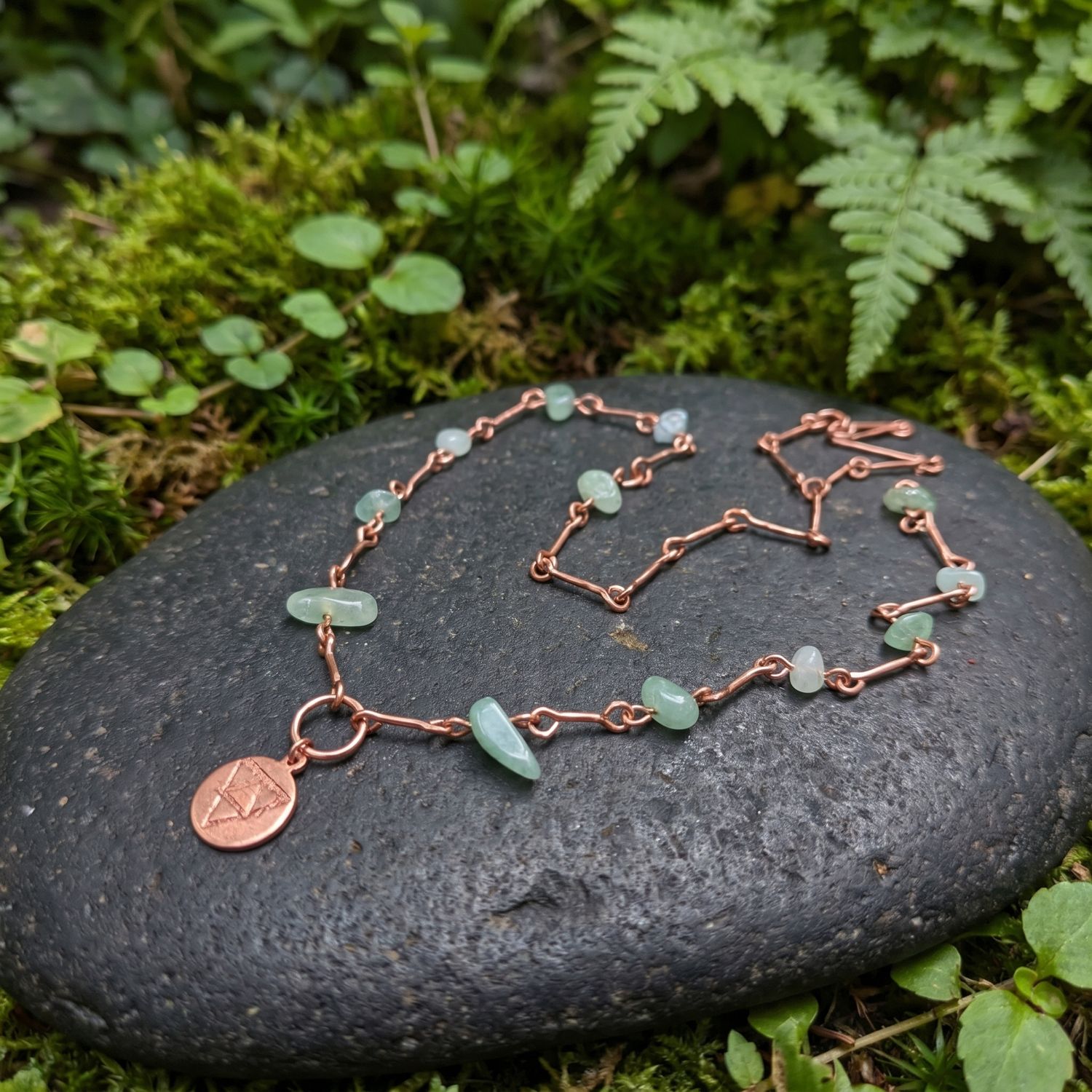 Earth Elemental Necklace with Copper and Green Aventurine and Rustic Hand Etching