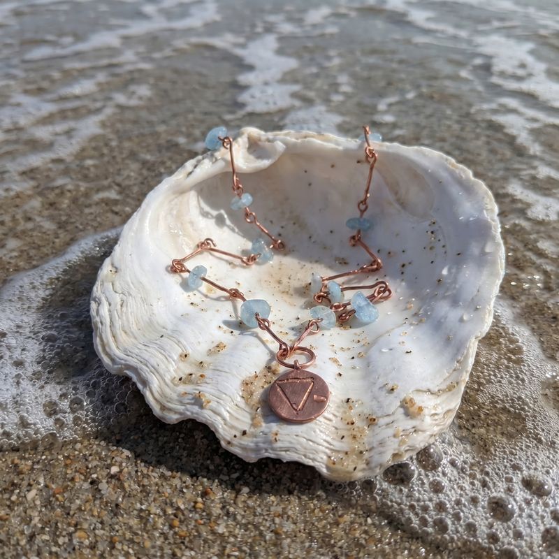 Water Elemental Necklace with Copper and Aquamarine and Rustic Etching