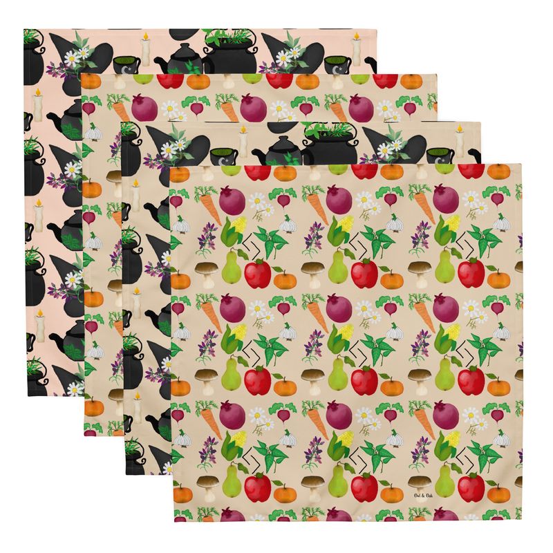 Kitchen Witch Cloth Napkins Set of Four with Hand Illustrated Kitchen Magic Witchcraft Symbols
