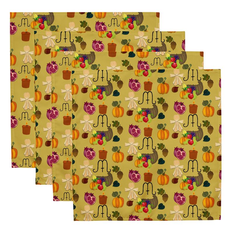 Mabon Autumn Equinox Cloth Napkins Set of Four with Hand Drawn Witchy Sabbat Symbols