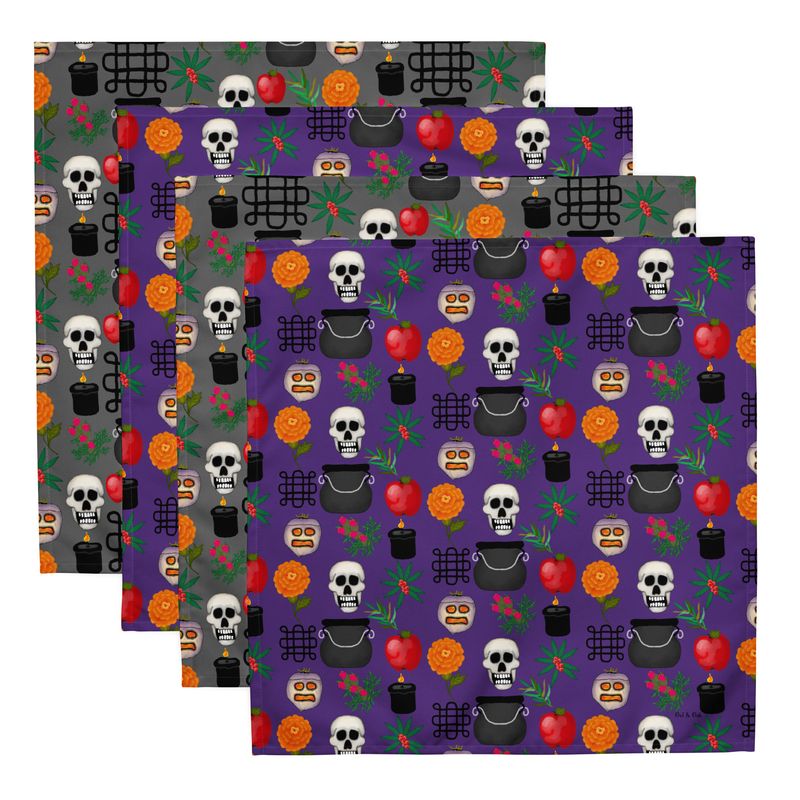 Samhain Cloth Napkins Set of Four with Hand Drawn Illustrations of Witchy Symbols for Fall, Halloween, and Samhain Sabbat Celebrations