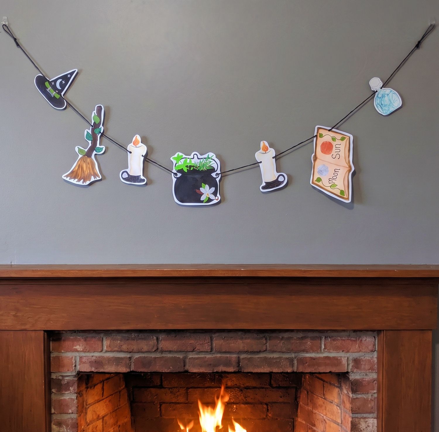Handcrafted Witchy Paper Garland with Hand-Painted Spooky Celestial Witchcraft Decor Details