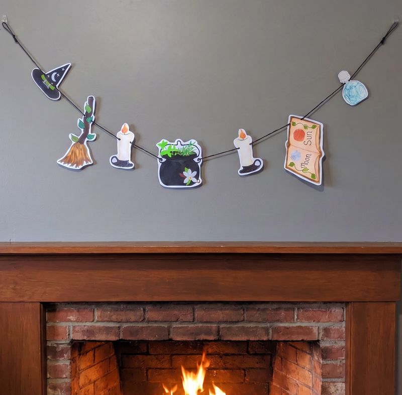 Handcrafted Witchy Paper Garland with Hand-Painted Spooky Celestial Witchcraft Decor Details
