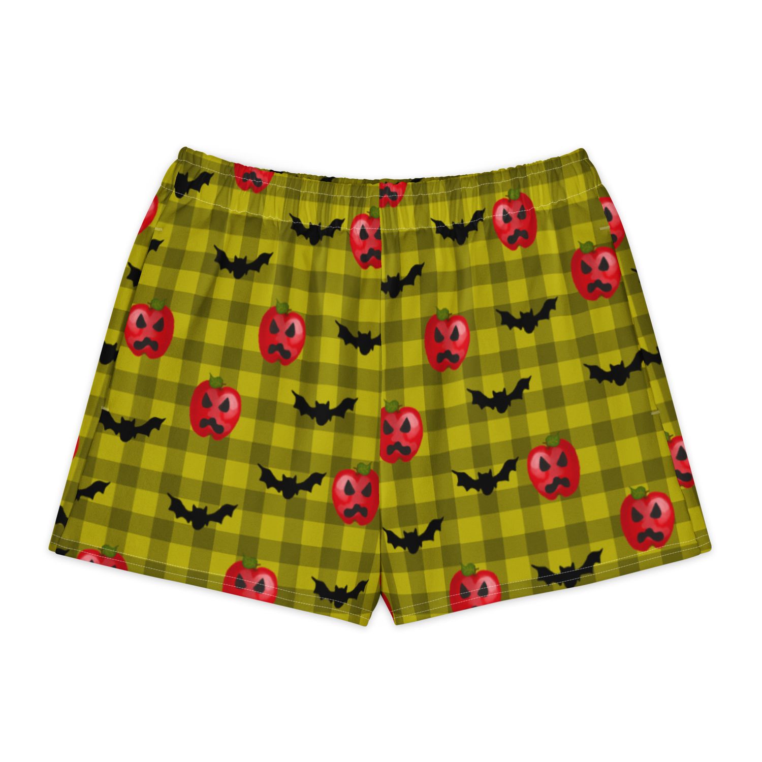 Spooky Haunted Red Apple Jack-O-Lanterns and Flying Bats Gingham Cotton Loungewear Shorts Spooky Haunted Red Apple Jack-O-Lanterns and Flying Bats Gingham Cotton Loungewear Shorts
