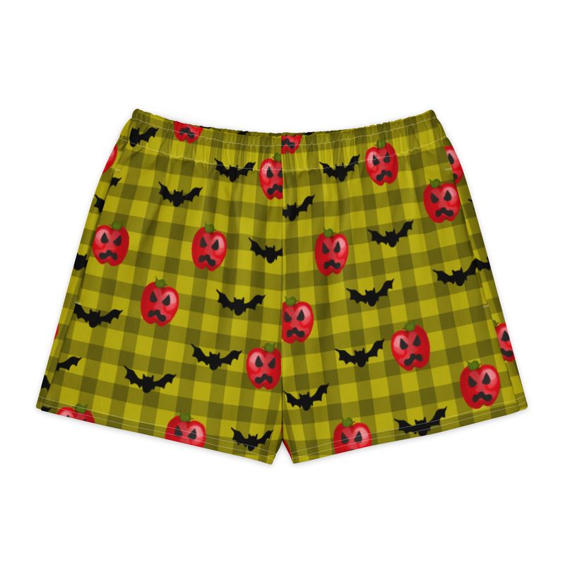 Spooky Haunted Red Apple Jack-O-Lanterns and Flying Bats Gingham Cotton Loungewear Shorts