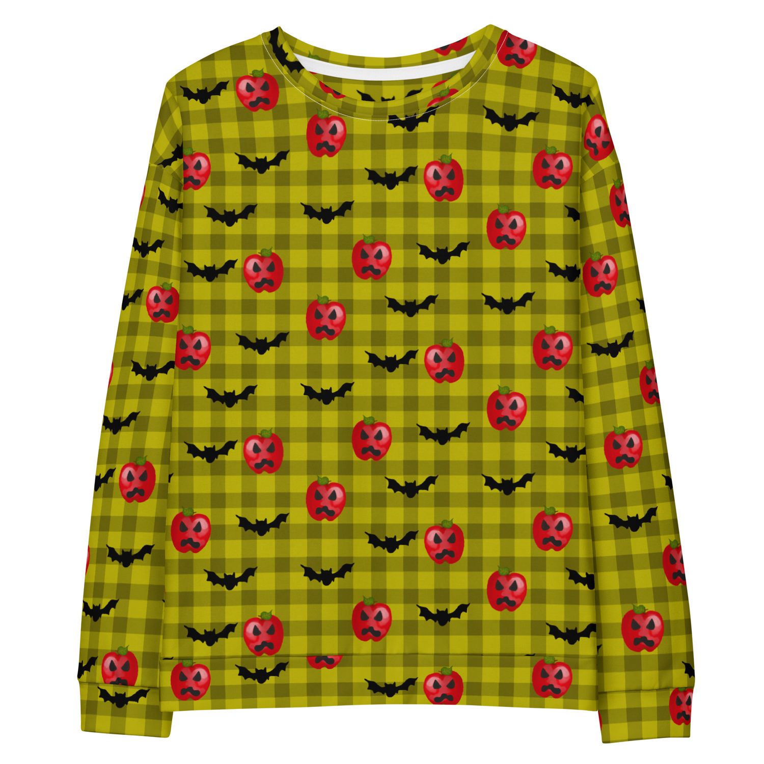 Spooky Haunted Red Apple Jack-O-Lanterns and Flying Bats Gingham Cotton Sweatshirt Spooky Haunted Red Apple Jack-O-Lanterns and Flying Bats Gingham Cotton Sweatshirt
