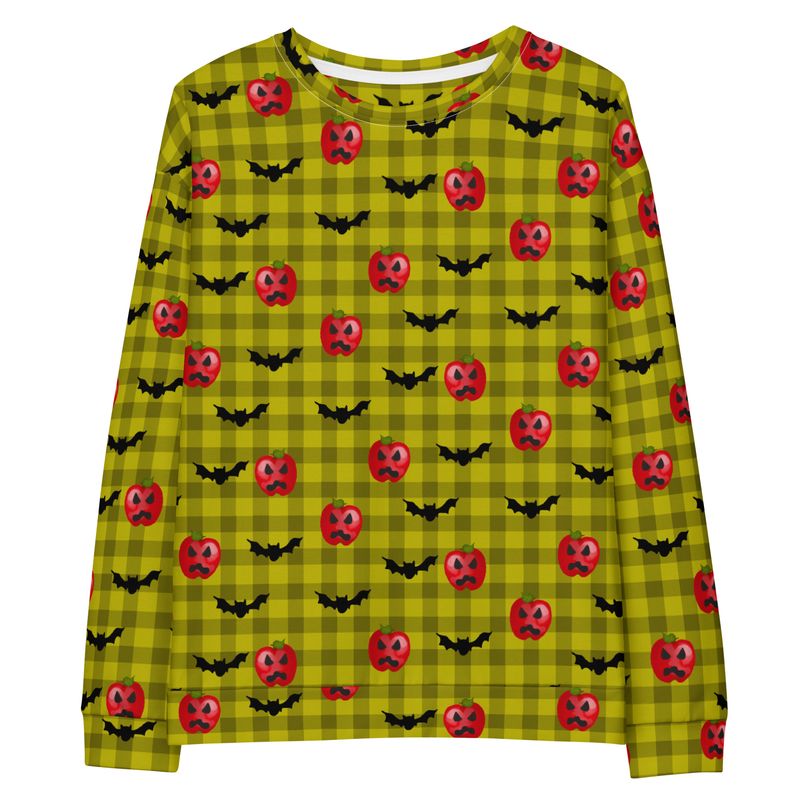 Spooky Haunted Red Apple Jack-O-Lanterns and Flying Bats Gingham Cotton Sweatshirt